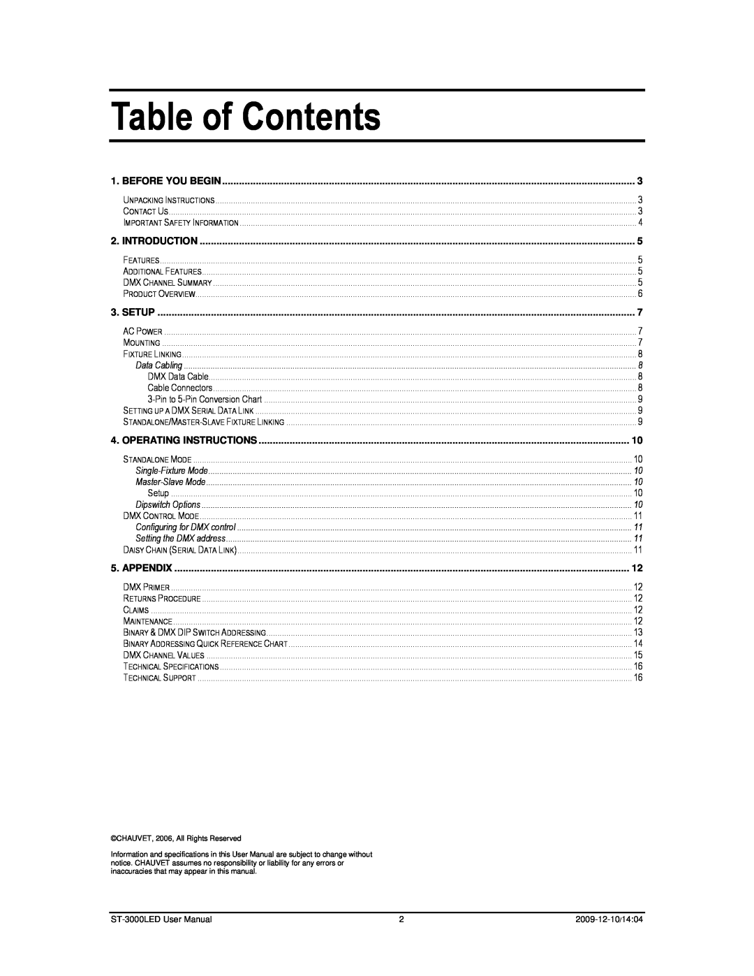 Chauvet ST-3000LED user manual Table of Contents, Before You Begin, Introduction, Setup, Operating Instructions, Appendix 
