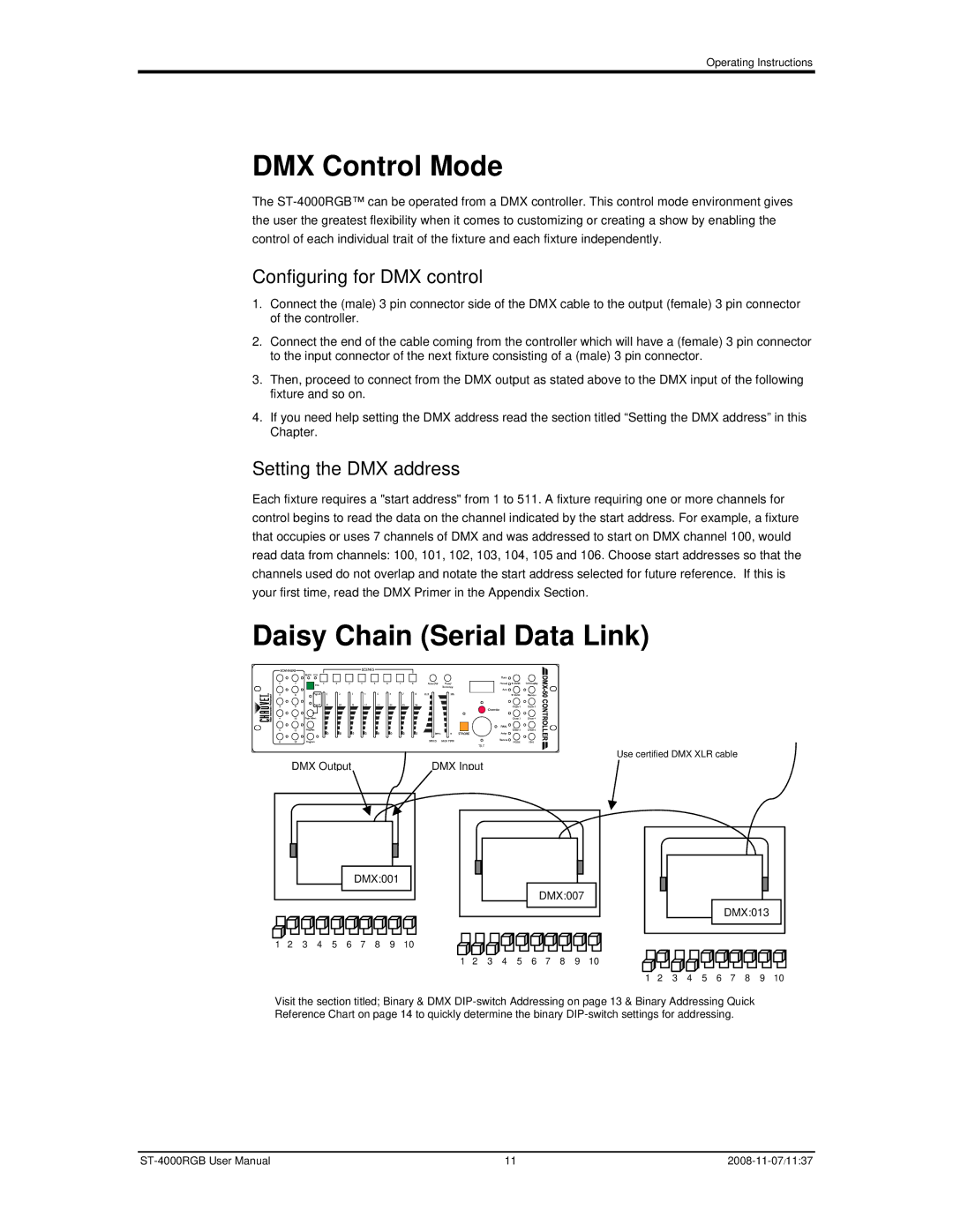 Chauvet ST-4000RGB user manual DMX Control Mode, Daisy Chain Serial Data Link 