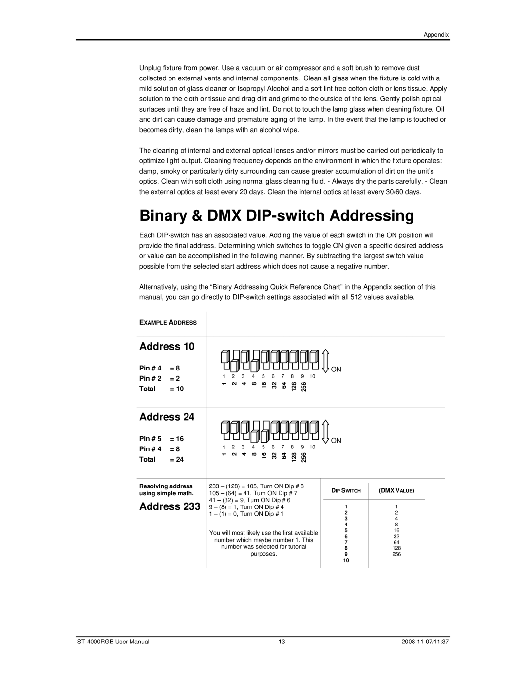 Chauvet ST-4000RGB user manual Binary & DMX DIP-switch Addressing 