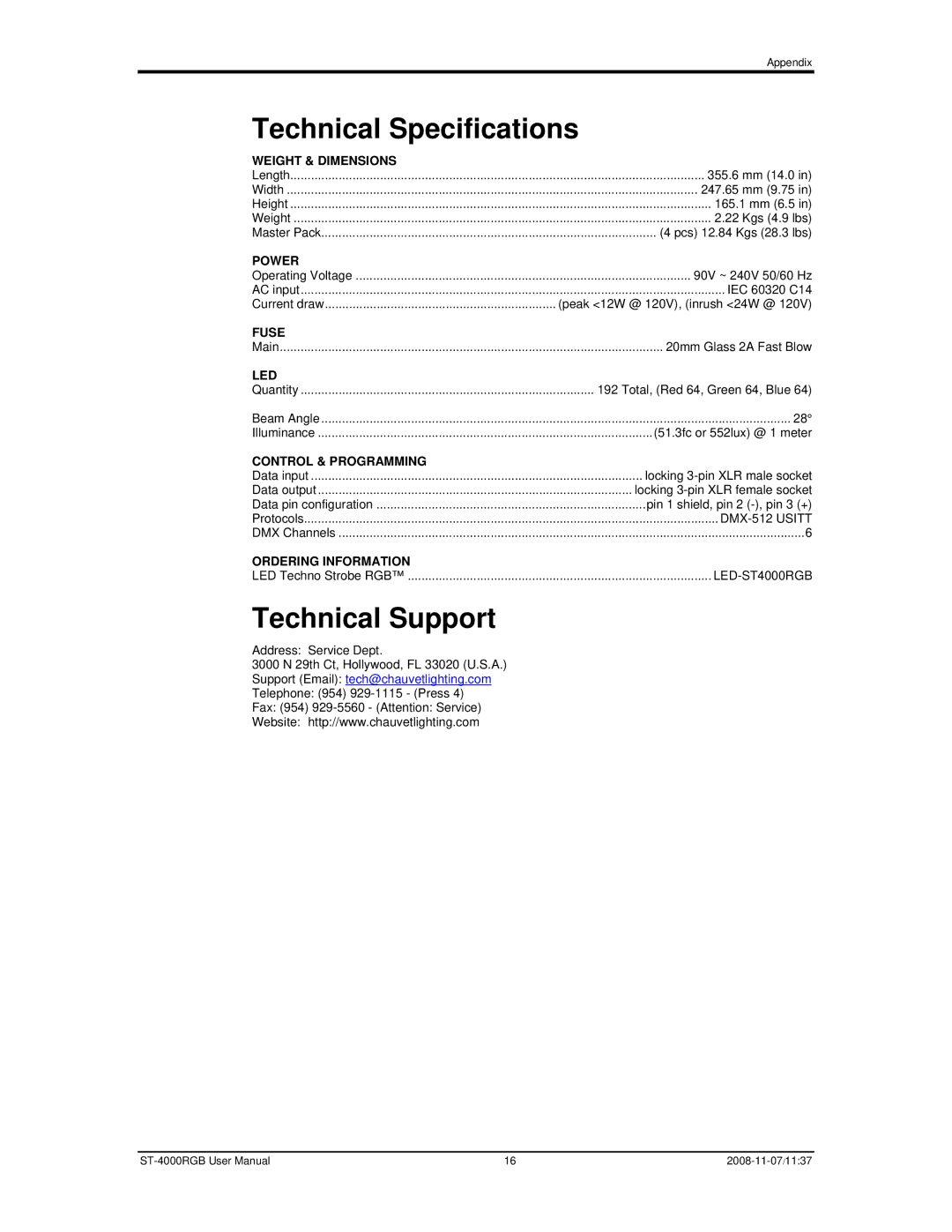 Chauvet ST-4000RGB user manual Technical Specifications, Technical Support 