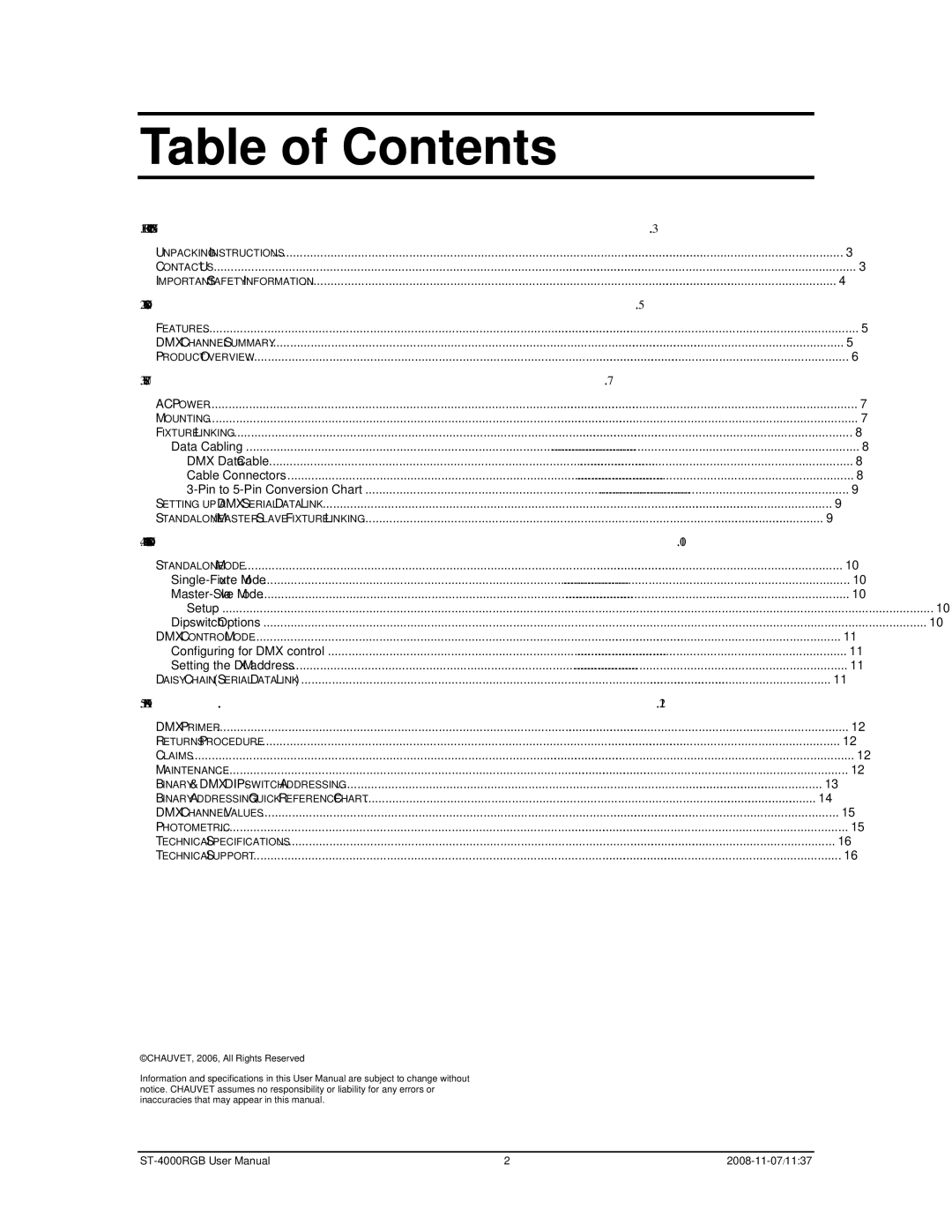 Chauvet ST-4000RGB user manual Table of Contents 