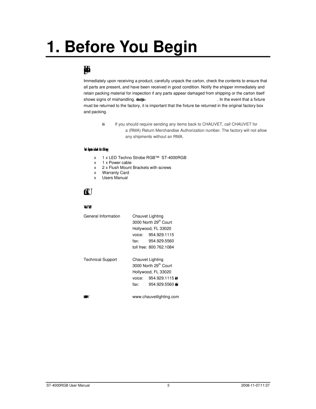 Chauvet ST-4000RGB Before You Begin, Unpacking Instructions, Contact Us, Your shipment includes the following, World Wide 