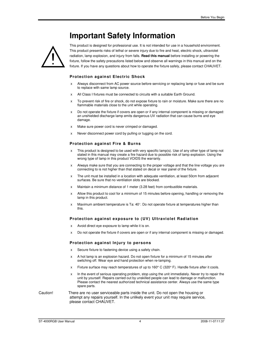 Chauvet ST-4000RGB Important Safety Information, Protection against Electric Shock, Protection against Fire & Burns 