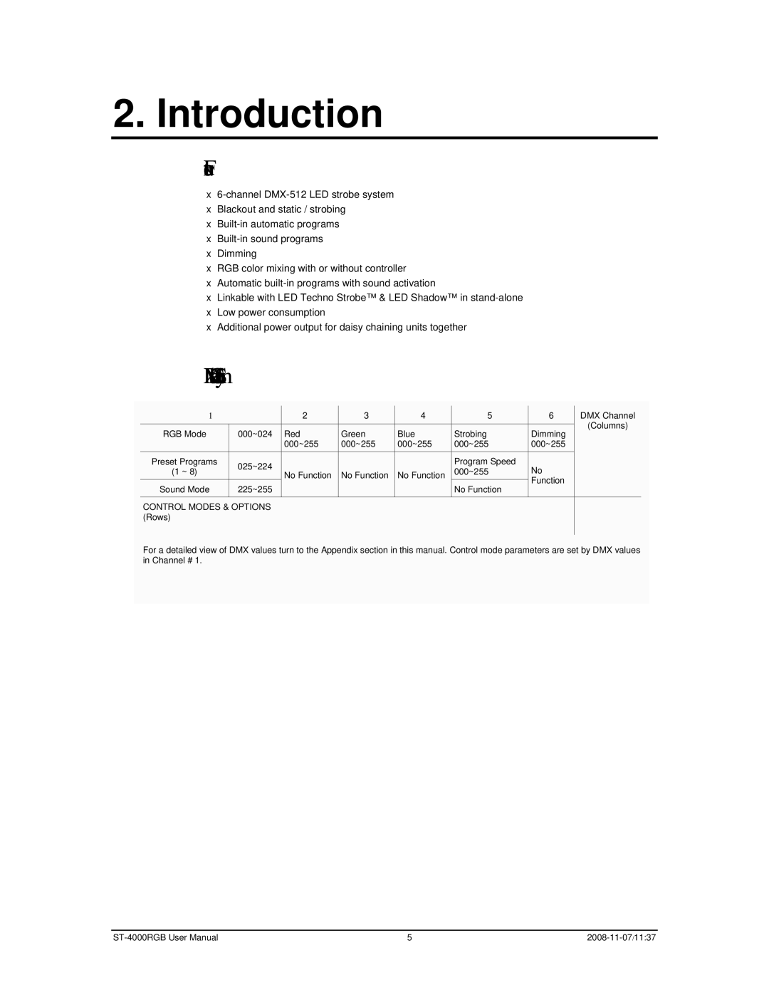 Chauvet ST-4000RGB user manual Introduction, Features, DMX Channel Summary 