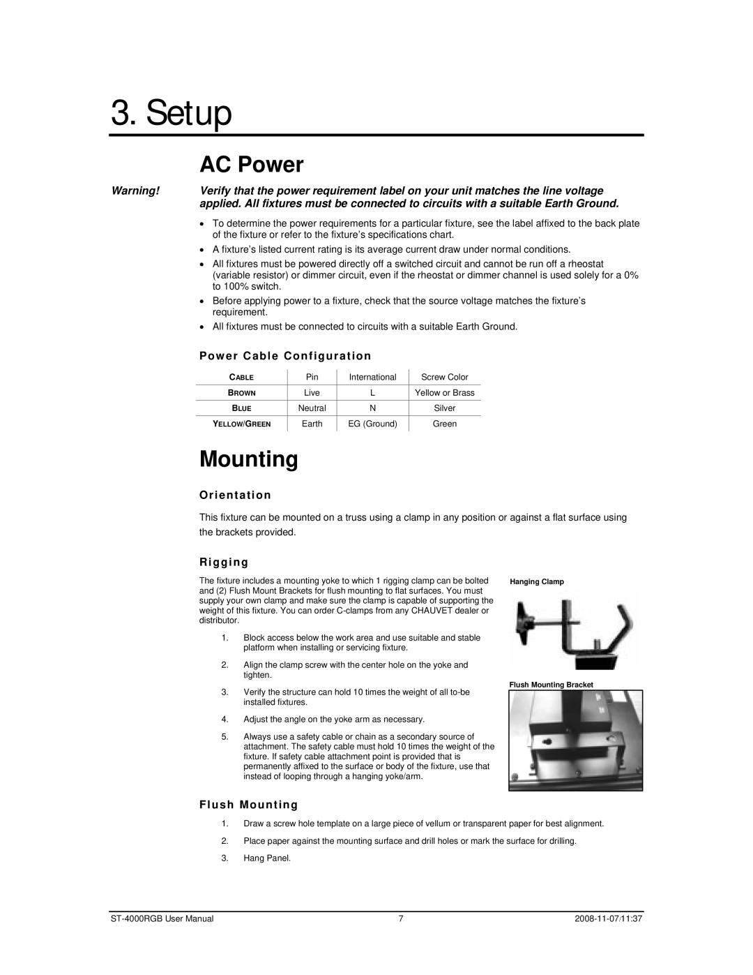 Chauvet ST-4000RGB user manual Setup, AC Power, Mounting 