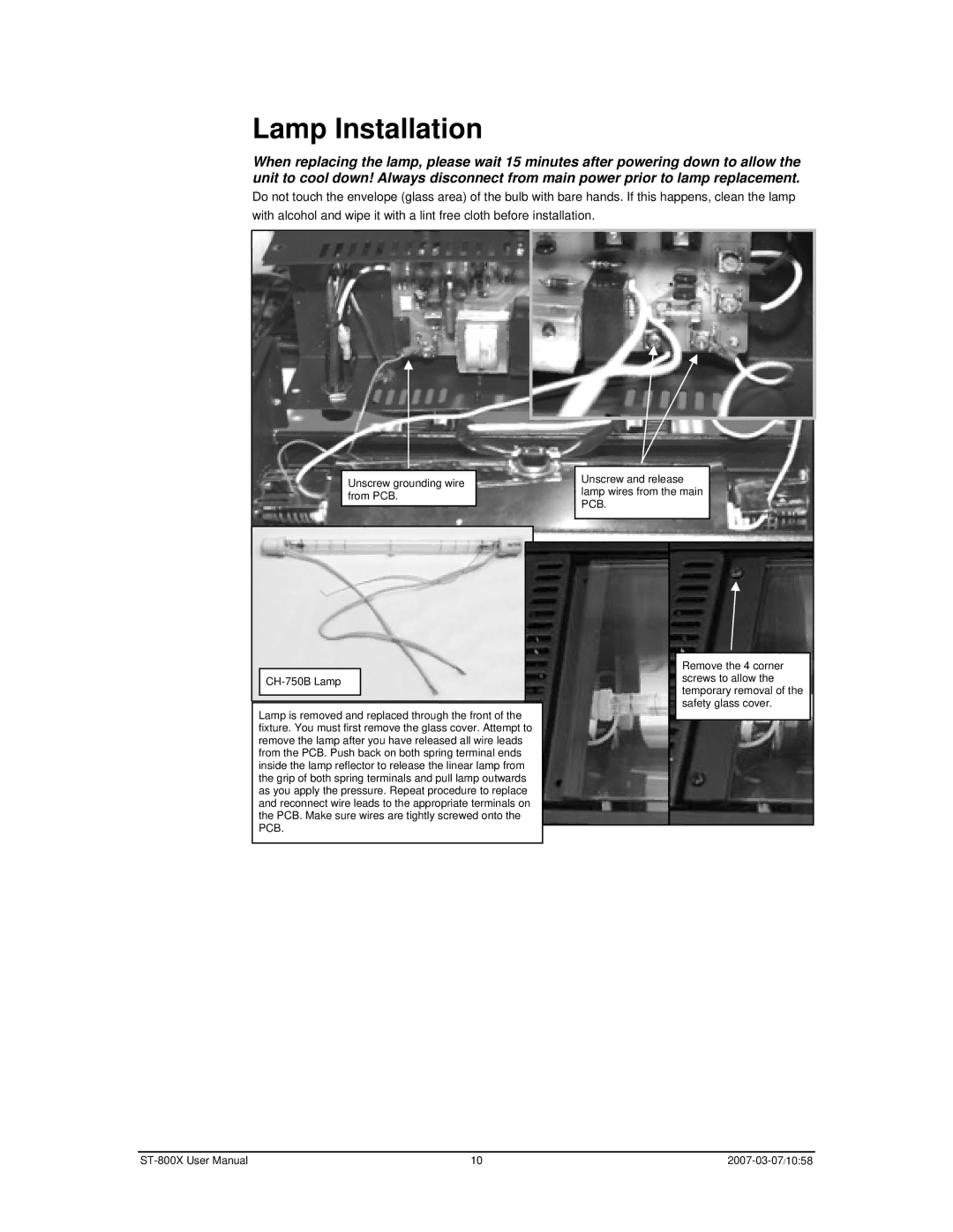 Chauvet ST-800X user manual Lamp Installation, Pcb 