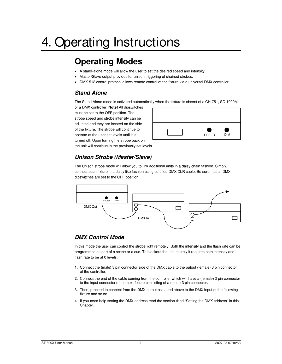 Chauvet ST-800X user manual Operating Instructions, Operating Modes 