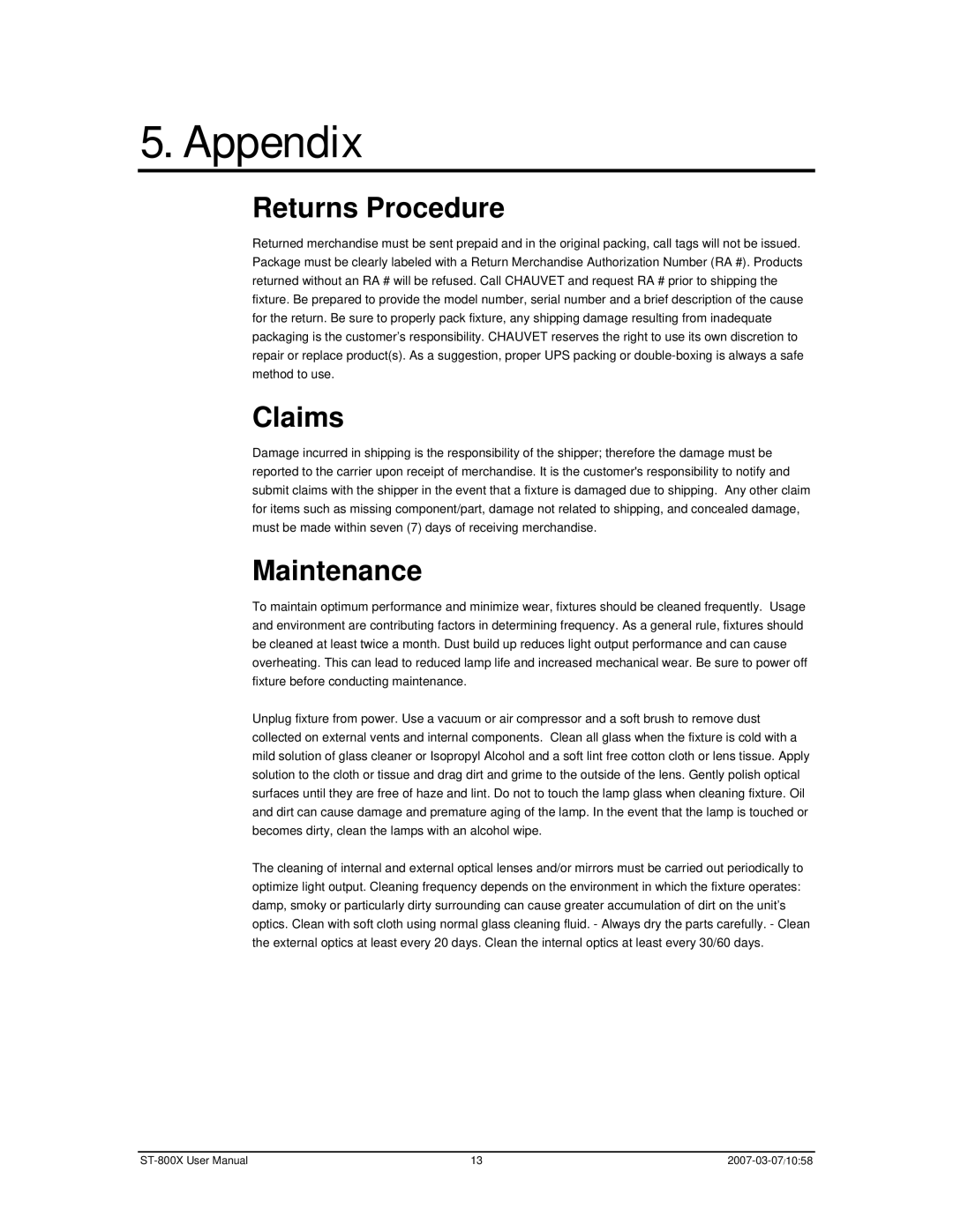 Chauvet ST-800X user manual Appendix, Returns Procedure, Claims, Maintenance 