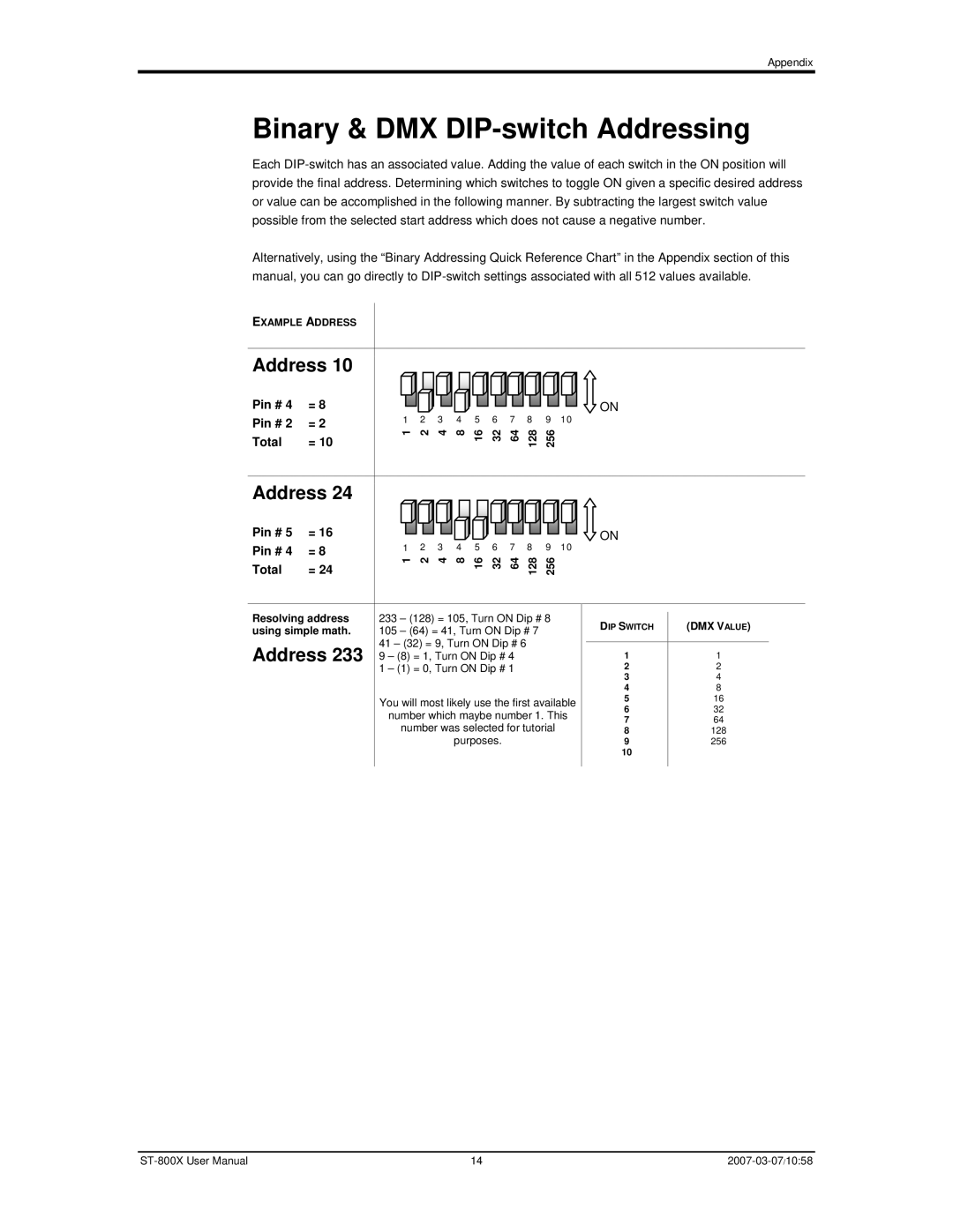 Chauvet ST-800X user manual Binary & DMX DIP-switch Addressing 