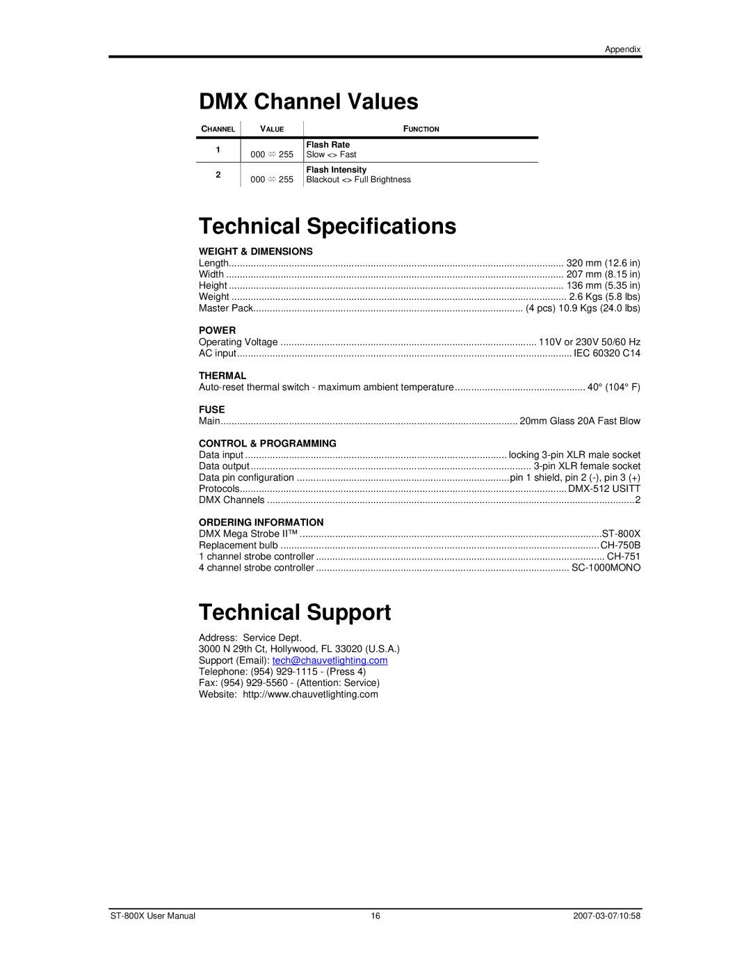 Chauvet ST-800X user manual DMX Channel Values, Technical Specifications, Technical Support 