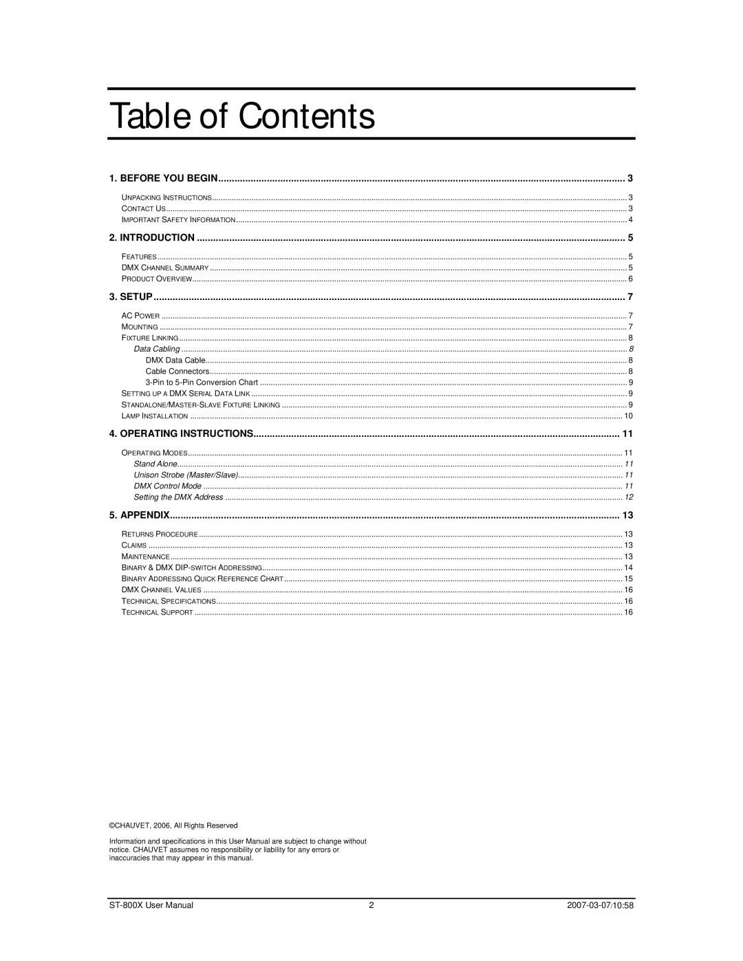 Chauvet ST-800X user manual Table of Contents 