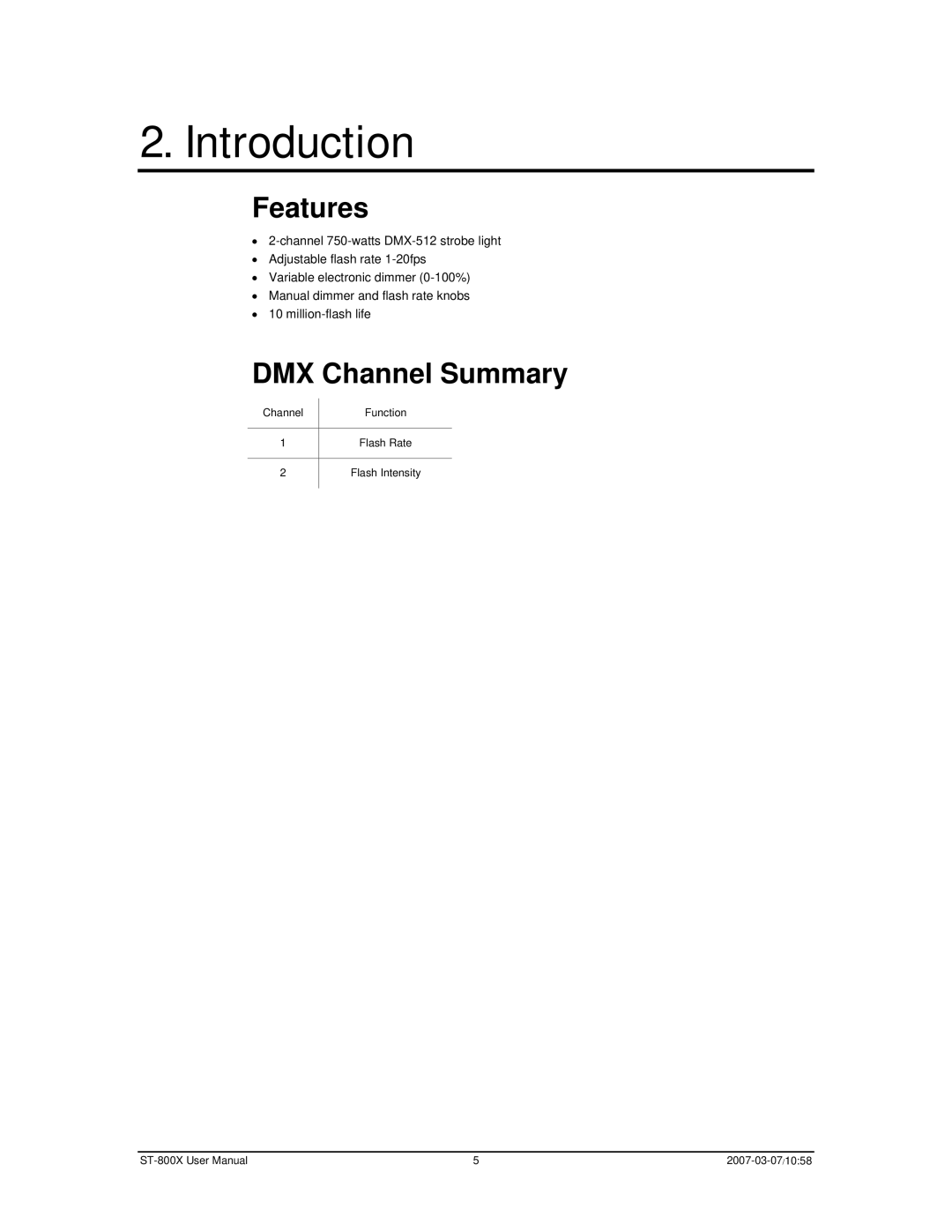 Chauvet ST-800X user manual Introduction, Features, DMX Channel Summary 