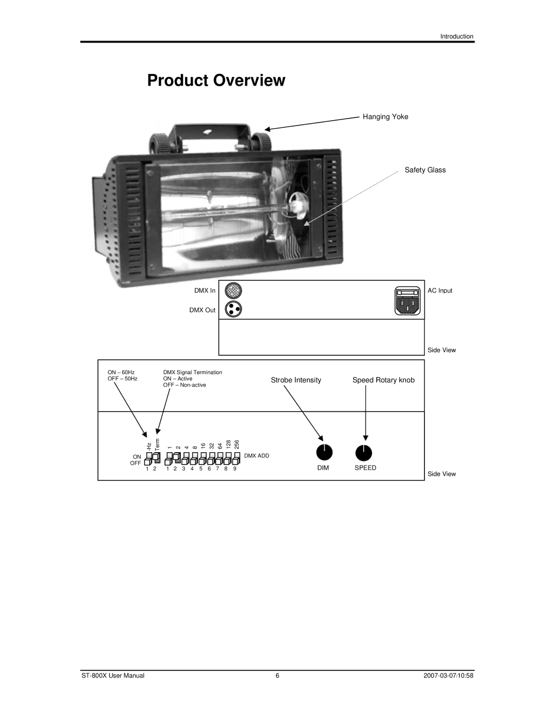 Chauvet ST-800X user manual Product Overview, Strobe Intensity Speed Rotary knob 