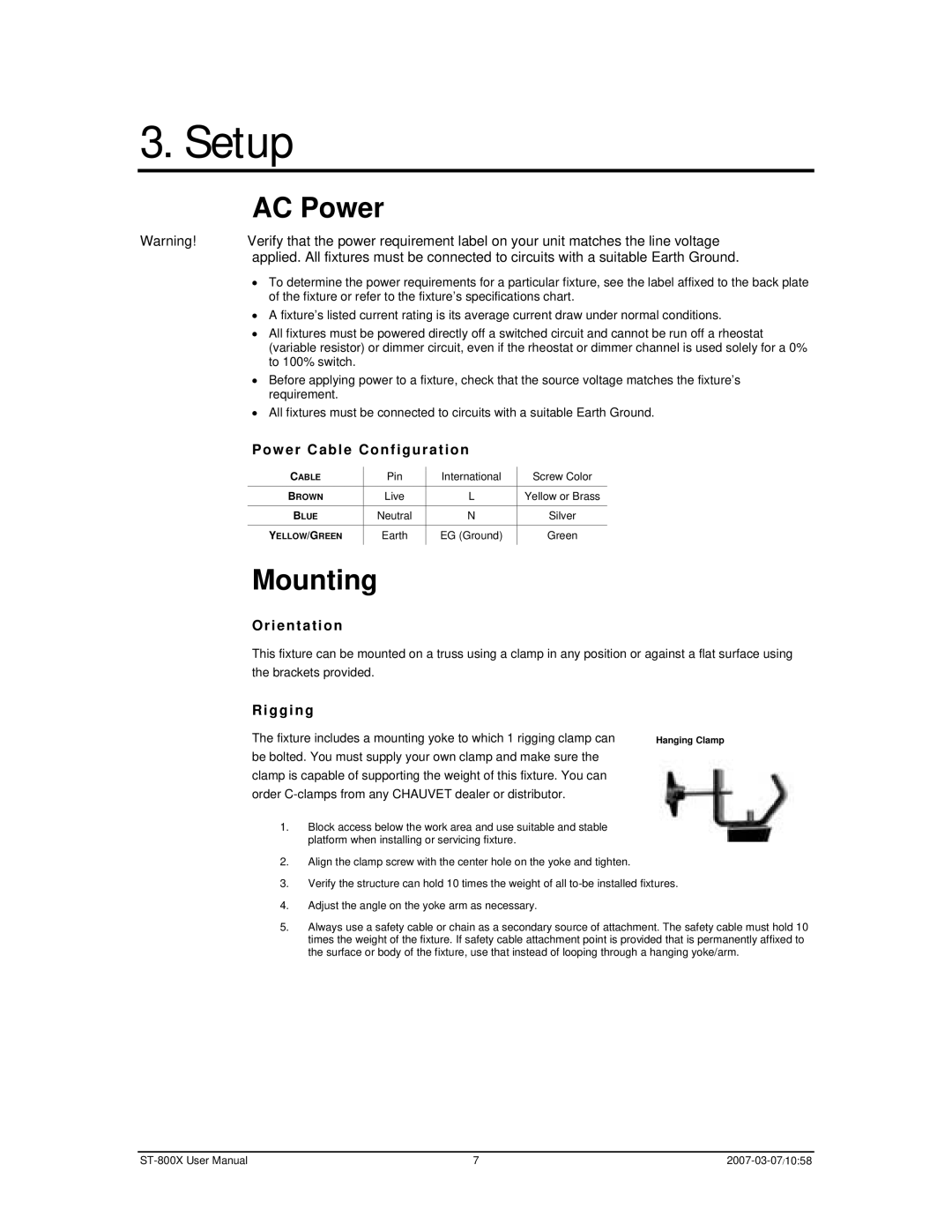 Chauvet ST-800X user manual Setup, AC Power, Mounting 