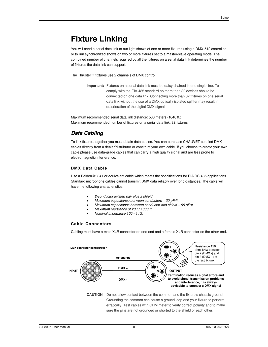 Chauvet ST-800X user manual Fixture Linking, DMX Data Cable, Cable Connectors 