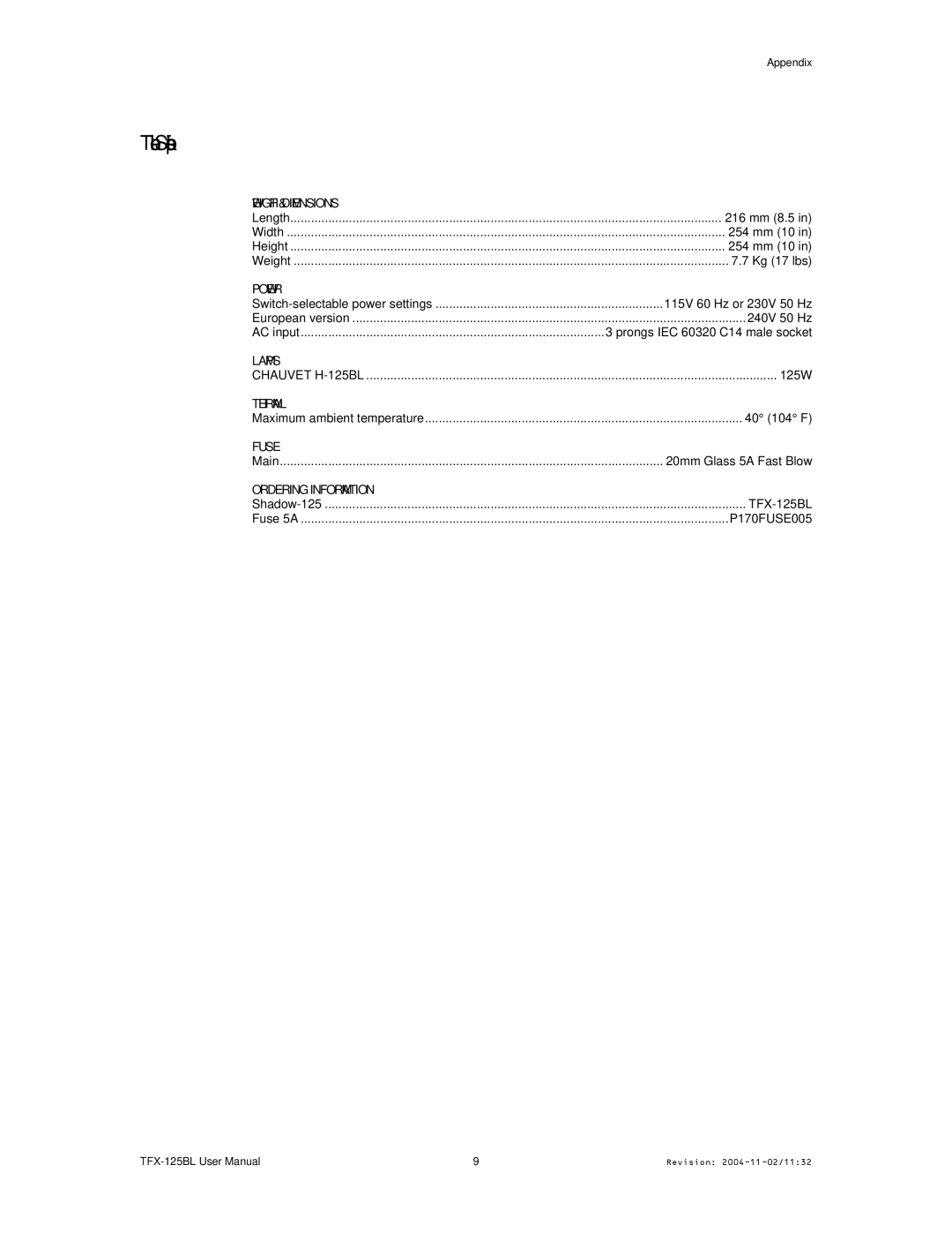 Chauvet TFX- 125BL user manual Technical Specifications, Power 