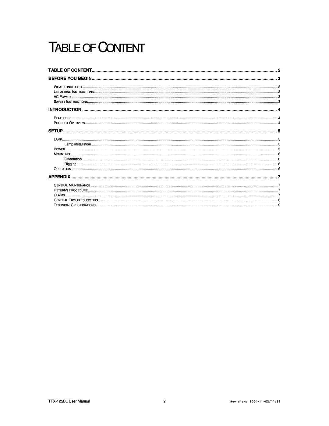 Chauvet TFX- 125BL user manual Table Of Content, Before You Begin 
