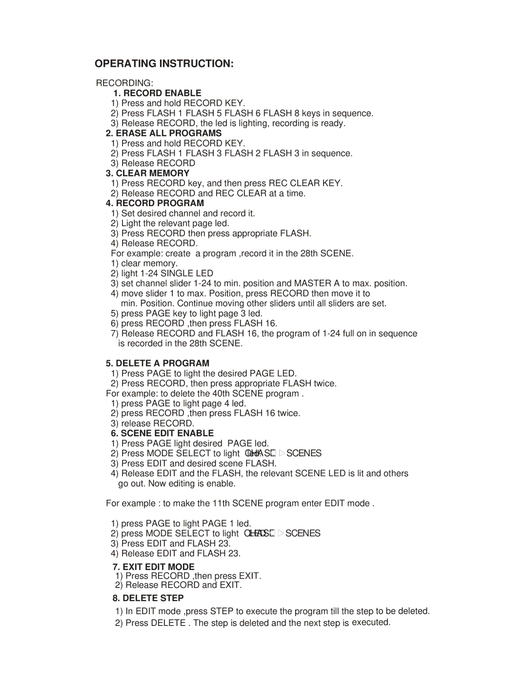 Chauvet TFX-24C manual Record Enable, Erase ALL Programs, Clear Memory, Record Program, Delete a Program, Scene Edit Enable 