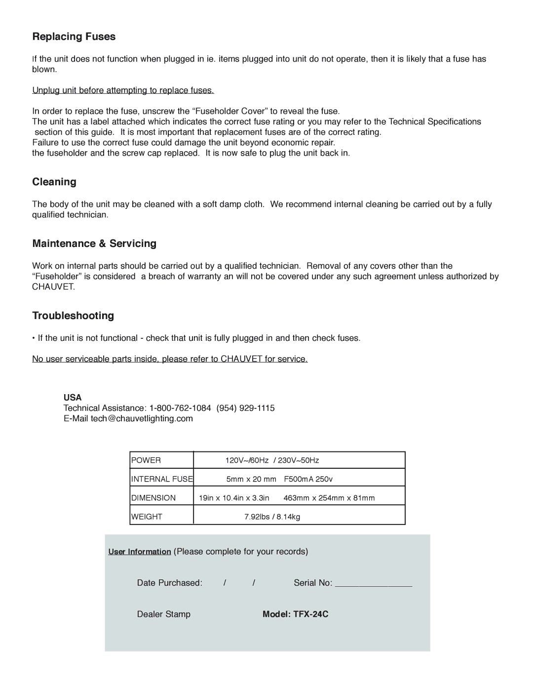 Chauvet TFX-24C manual Replacing Fuses 