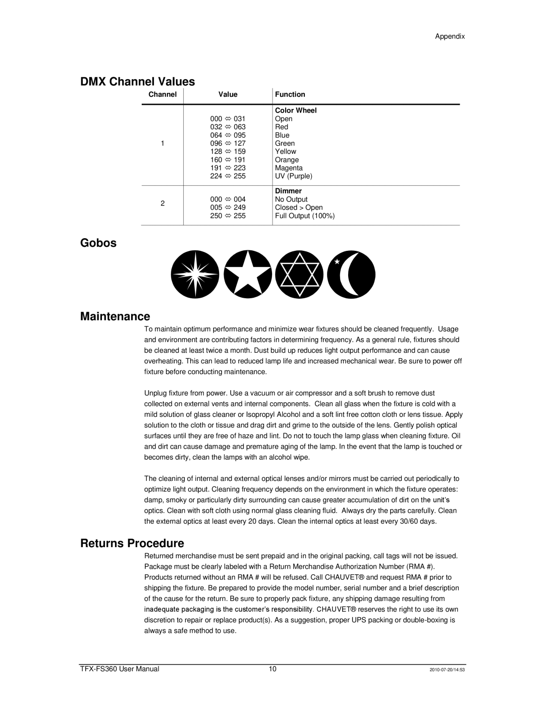 Chauvet TFX-FS360 user manual DMX Channel Values, Gobos Maintenance, Returns Procedure 