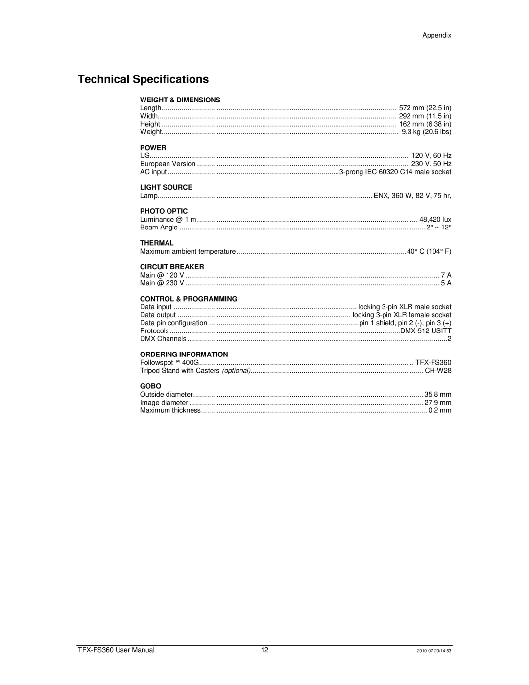 Chauvet TFX-FS360 user manual Technical Specifications 