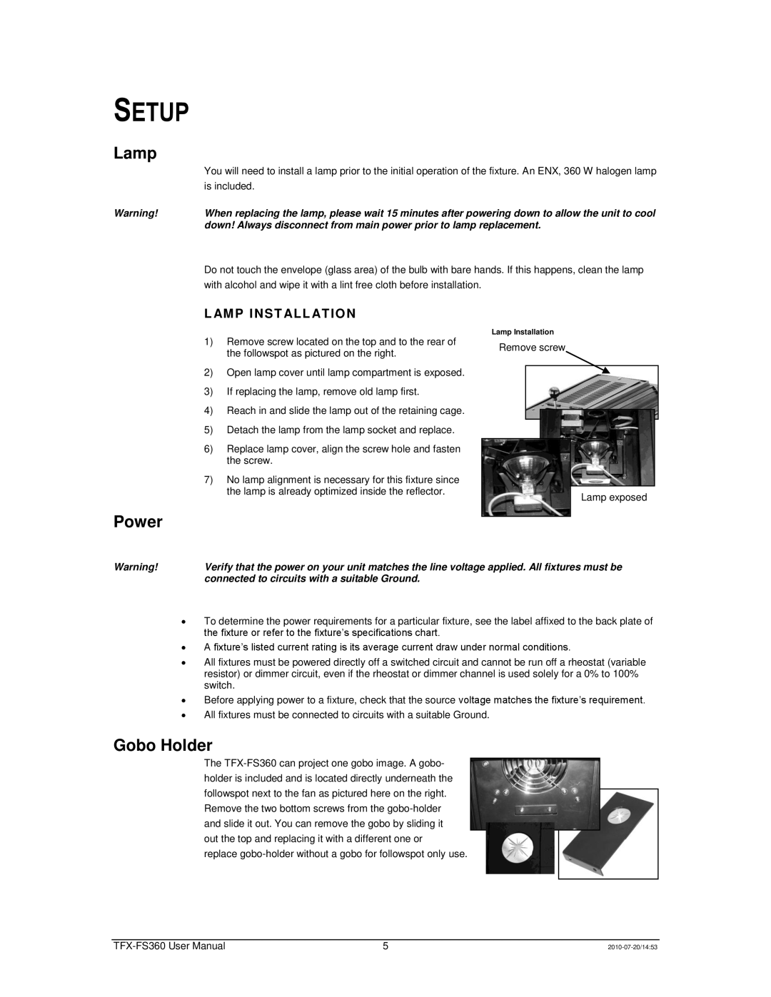 Chauvet TFX-FS360 user manual Setup, Lamp, Power, Gobo Holder, AMP Inst ALL Ation 