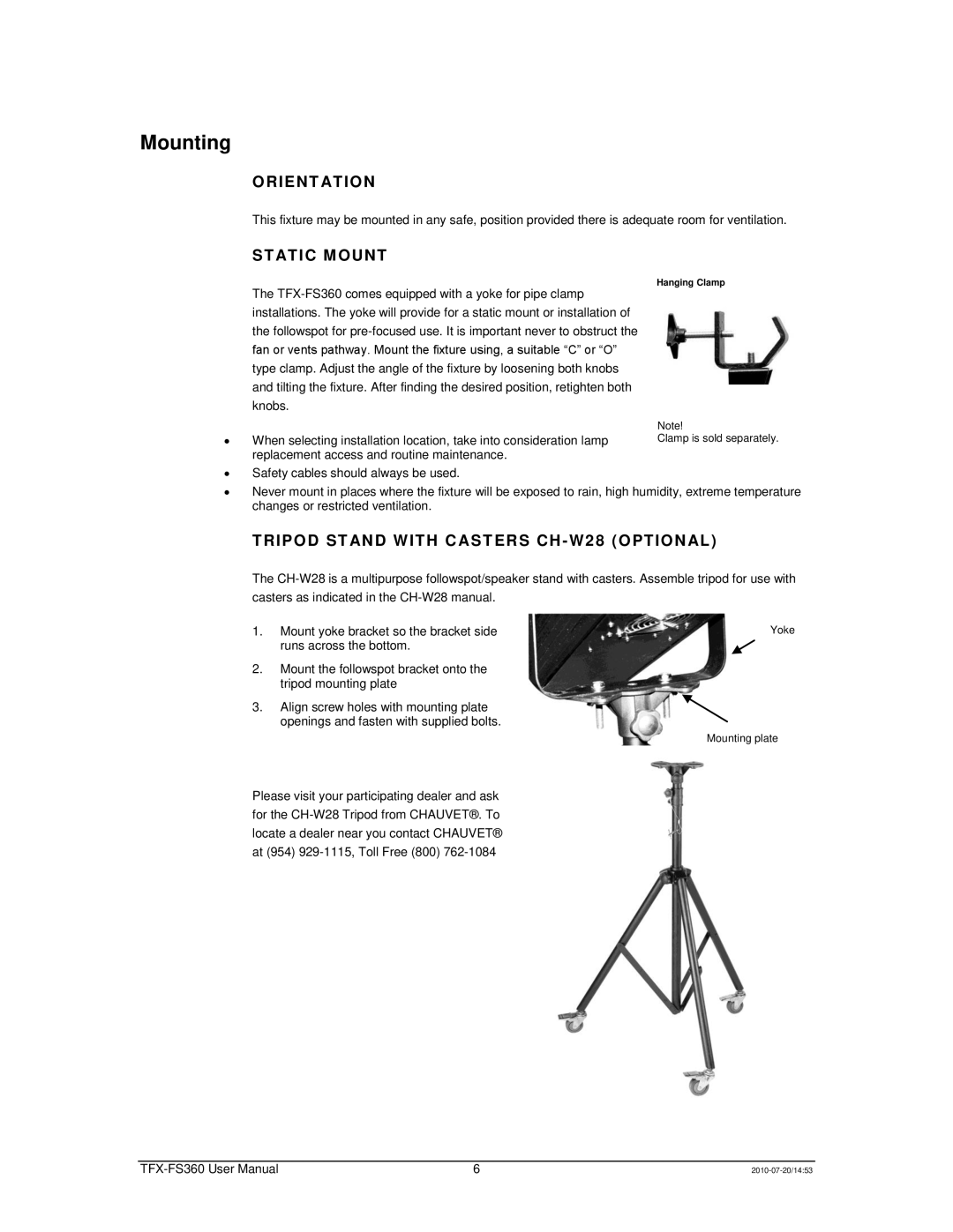 Chauvet TFX-FS360 user manual Mounting, Ri E Nt At Io N, ST Atic Mount, Tripod ST and with C AST ERS CH W28 Option AL 