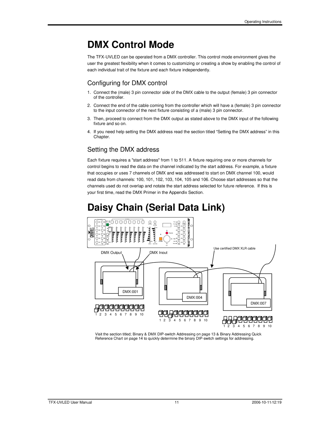 Chauvet TFX-UVLED user manual DMX Control Mode, Daisy Chain Serial Data Link 