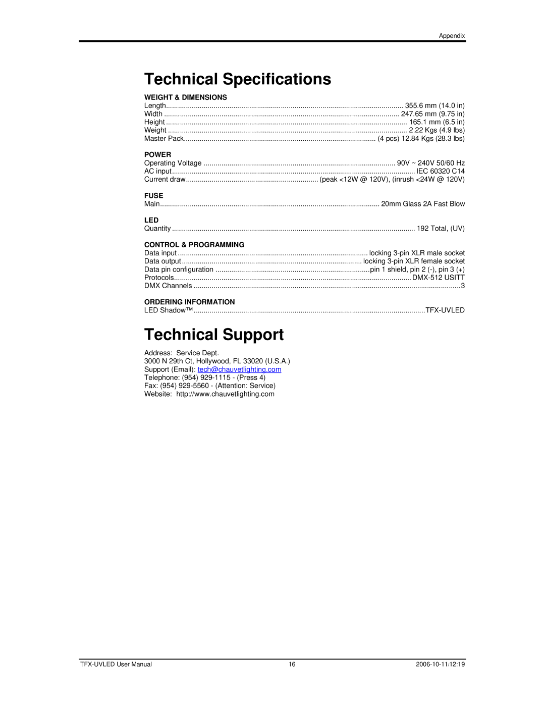 Chauvet TFX-UVLED user manual Technical Specifications, Technical Support 