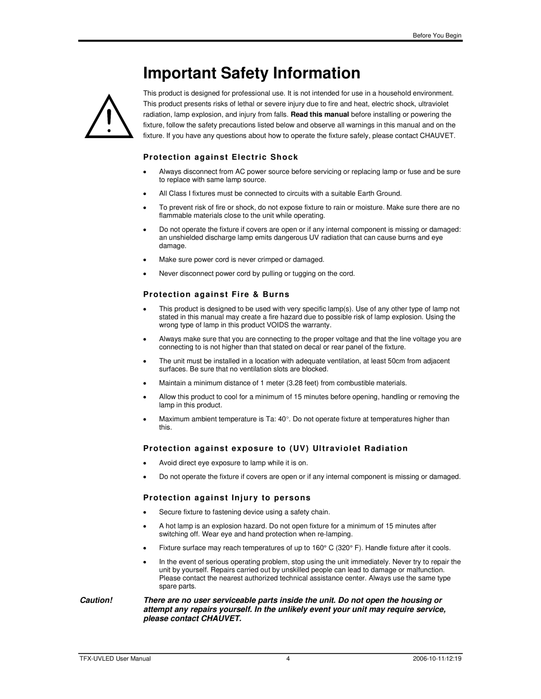 Chauvet TFX-UVLED Important Safety Information, Protection against Electric Shock, Protection against Fire & Burns 