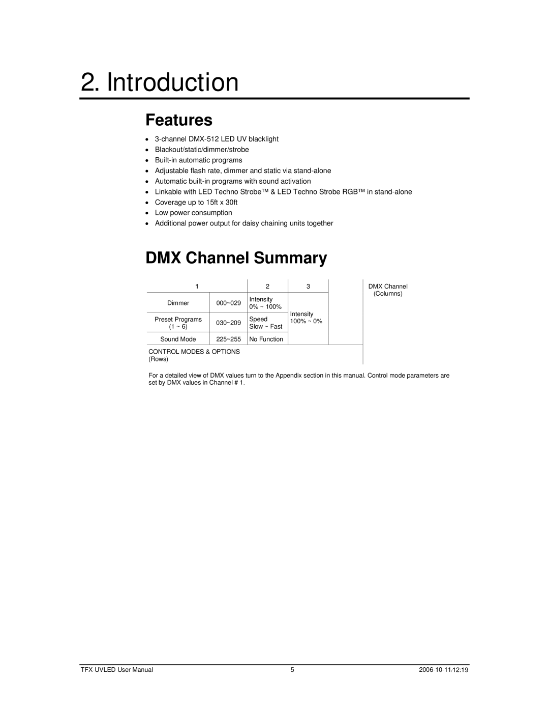 Chauvet TFX-UVLED user manual Introduction, Features, DMX Channel Summary 