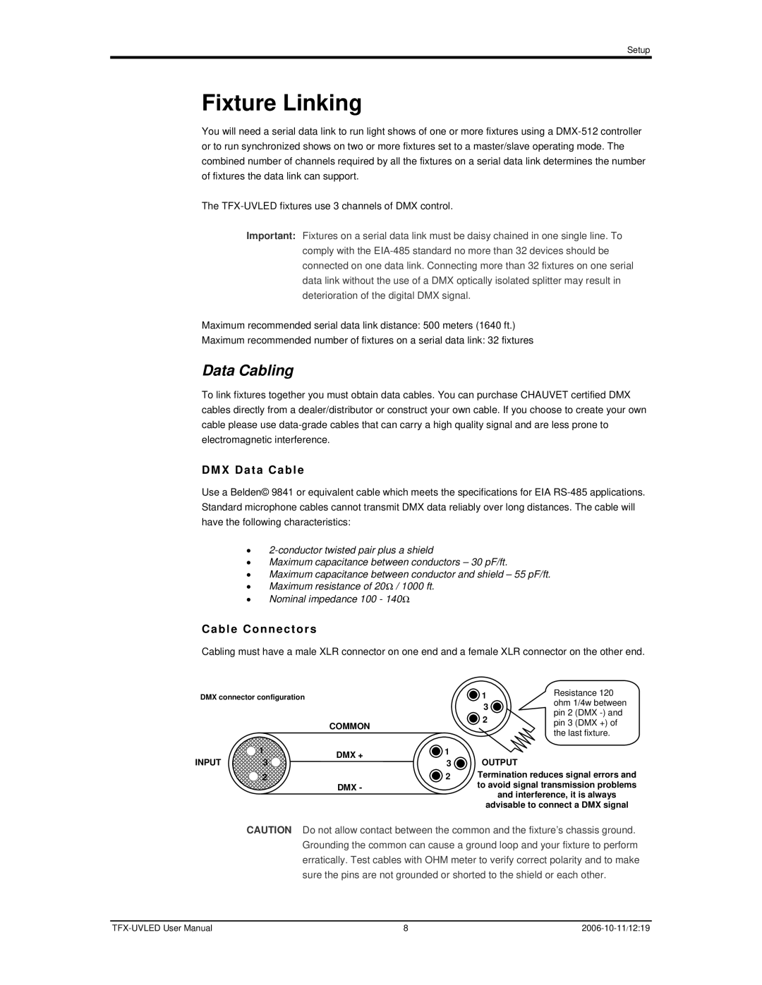 Chauvet TFX-UVLED user manual Fixture Linking, DMX Data Cable, Cable Connectors 