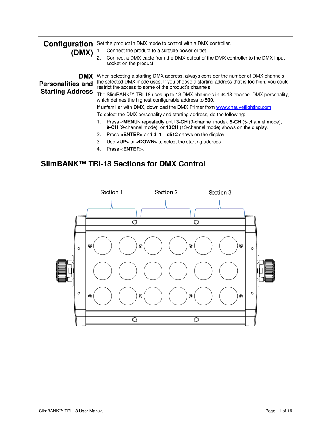 Chauvet user manual Configuration, SlimBANK TRI-18 Sections for DMX Control, Personalities Starting Address 