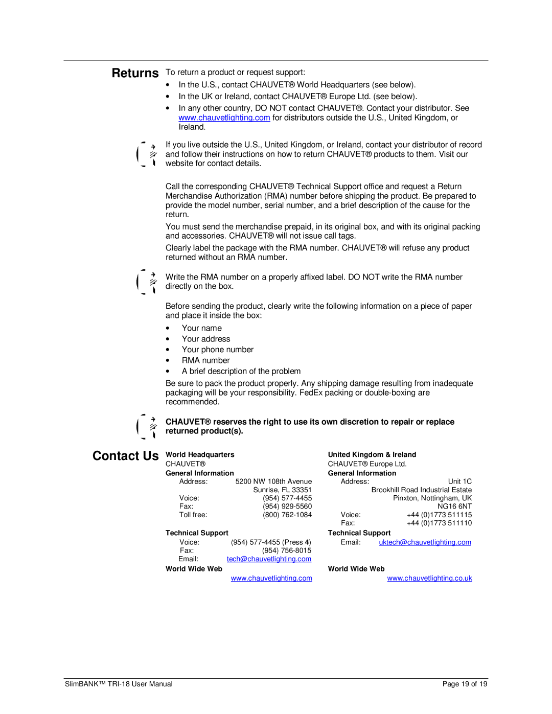 Chauvet TRI-18 user manual Returns Contact Us, General Information 