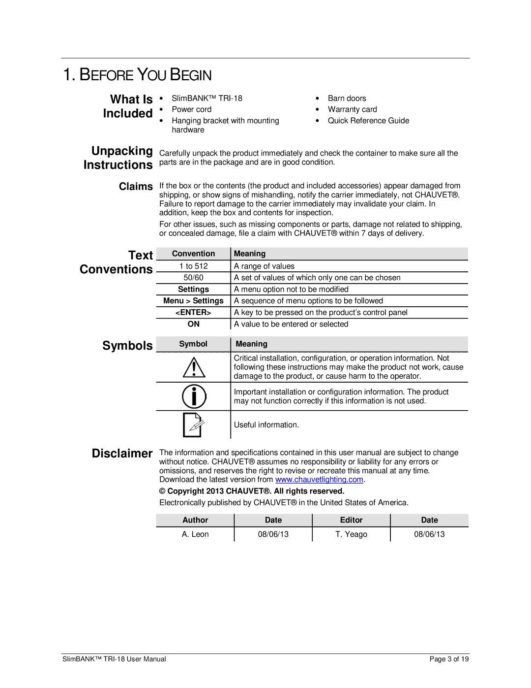 Chauvet TRI-18 user manual Before YOU Begin 