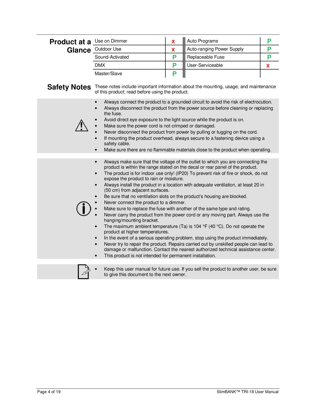 Chauvet TRI-18 user manual Product at a Glance, Safety Notes 