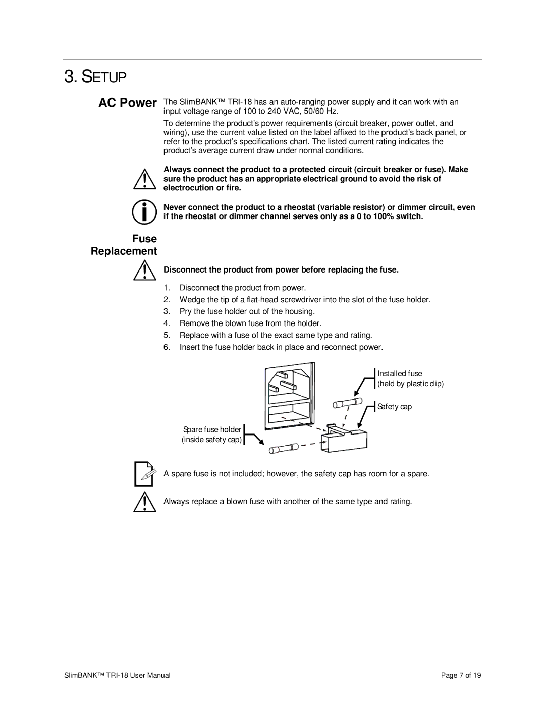 Chauvet TRI-18 user manual AC Power, Fuse Replacement, Electrocution or fire 