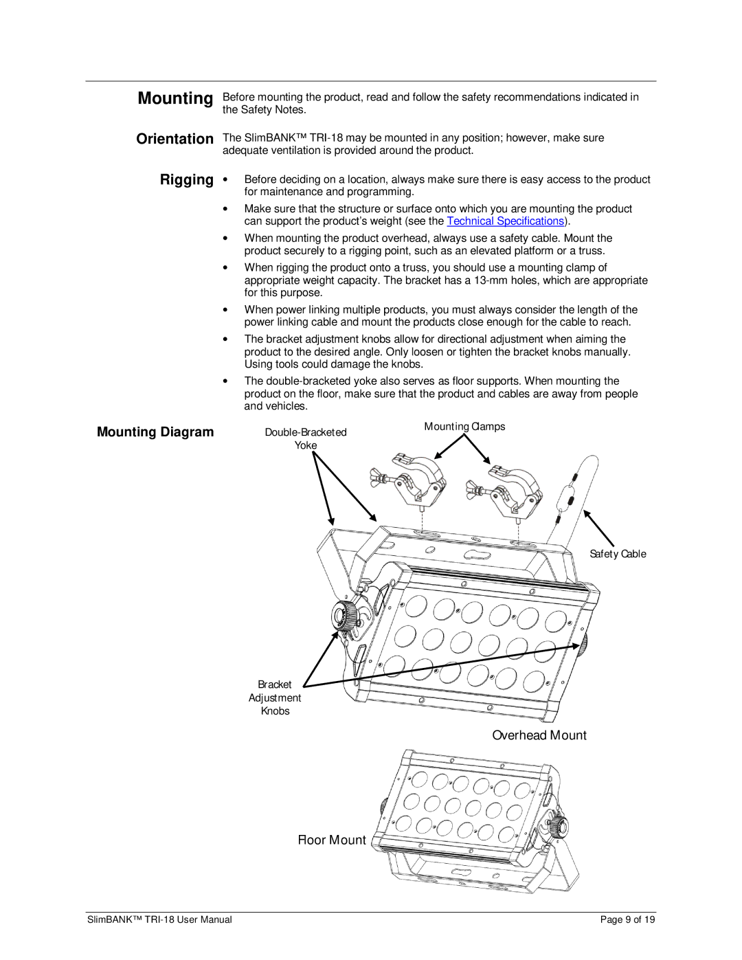 Chauvet TRI-18 user manual Orientation, Rigging 