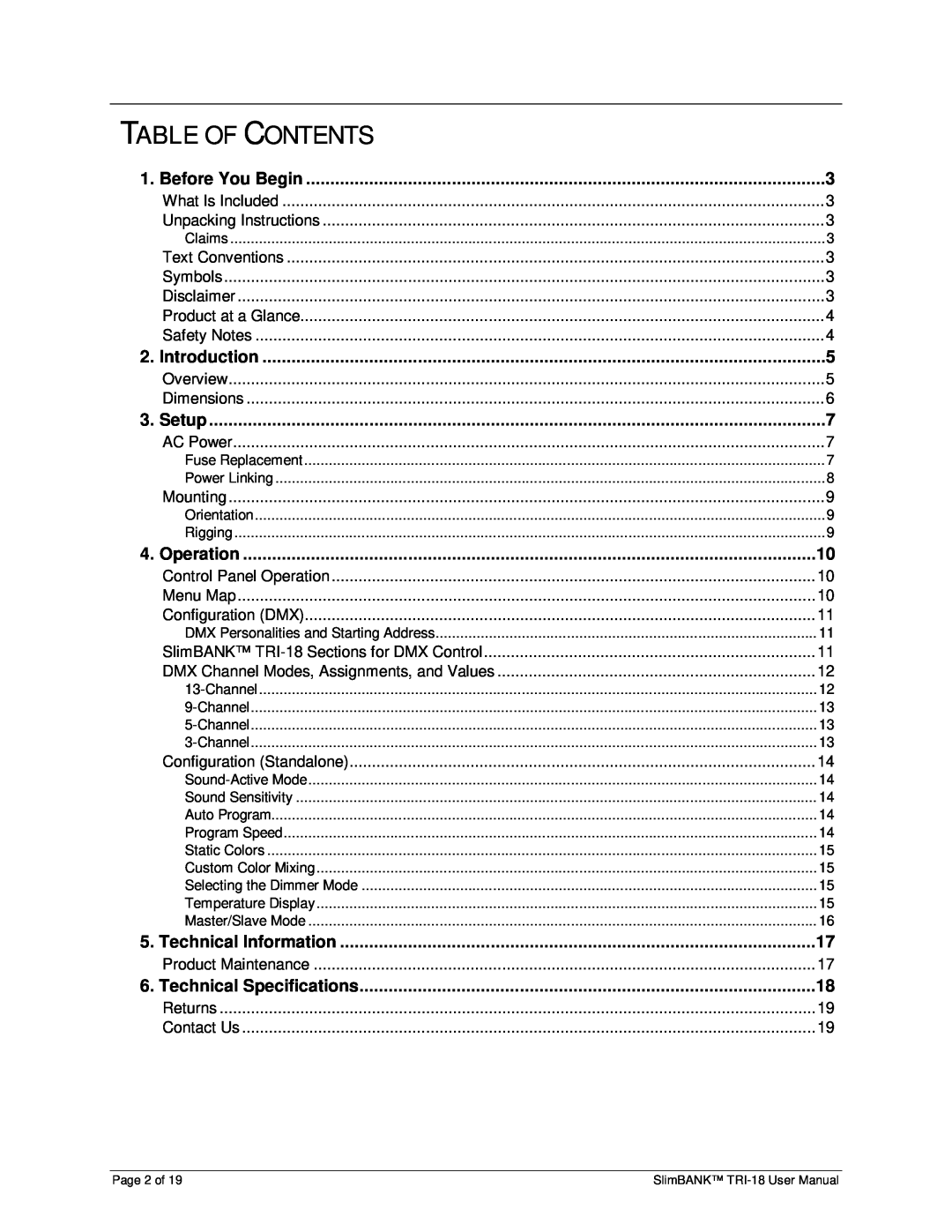 Chauvet TRI-18 user manual Table Of Contents, Before You Begin, Introduction, Setup, Operation, Technical Information 