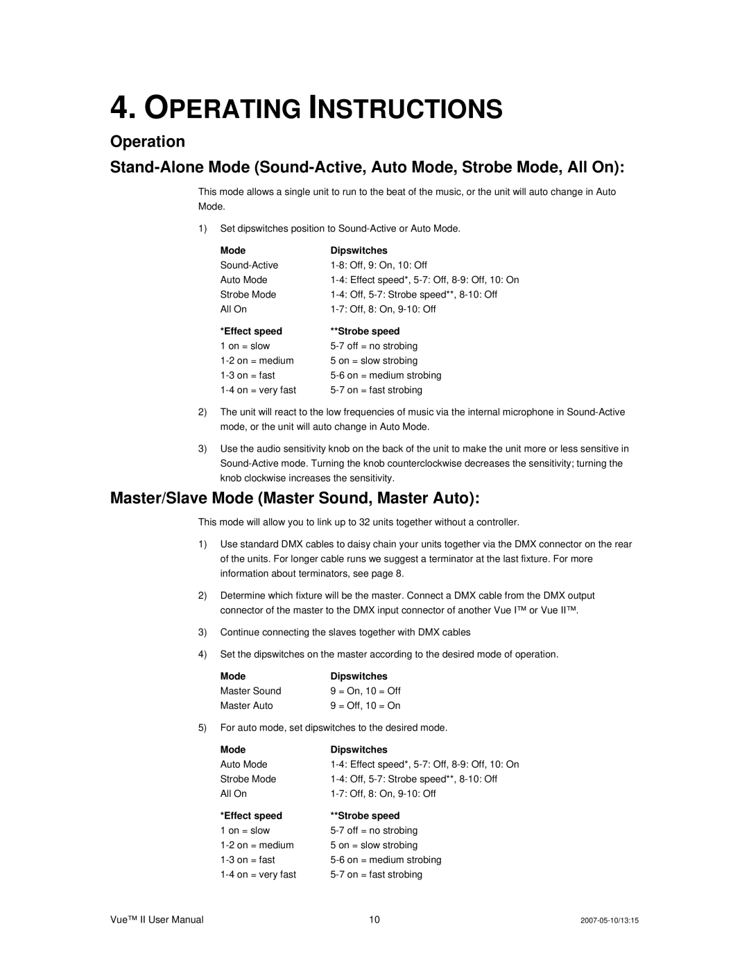 Chauvet Vue II user service Operating Instructions, Master/Slave Mode Master Sound, Master Auto 