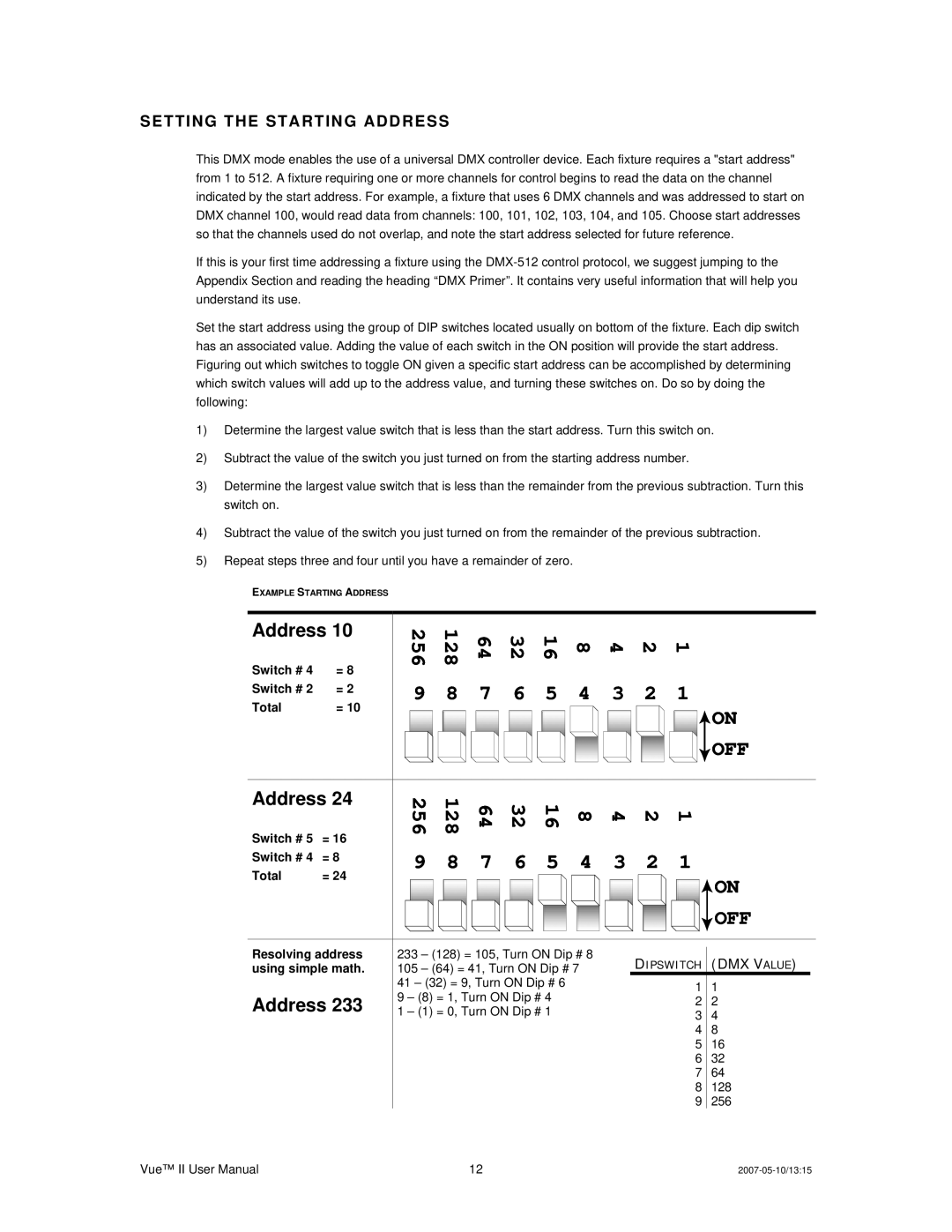 Chauvet Vue II user service Off, Setting the Starting Address 