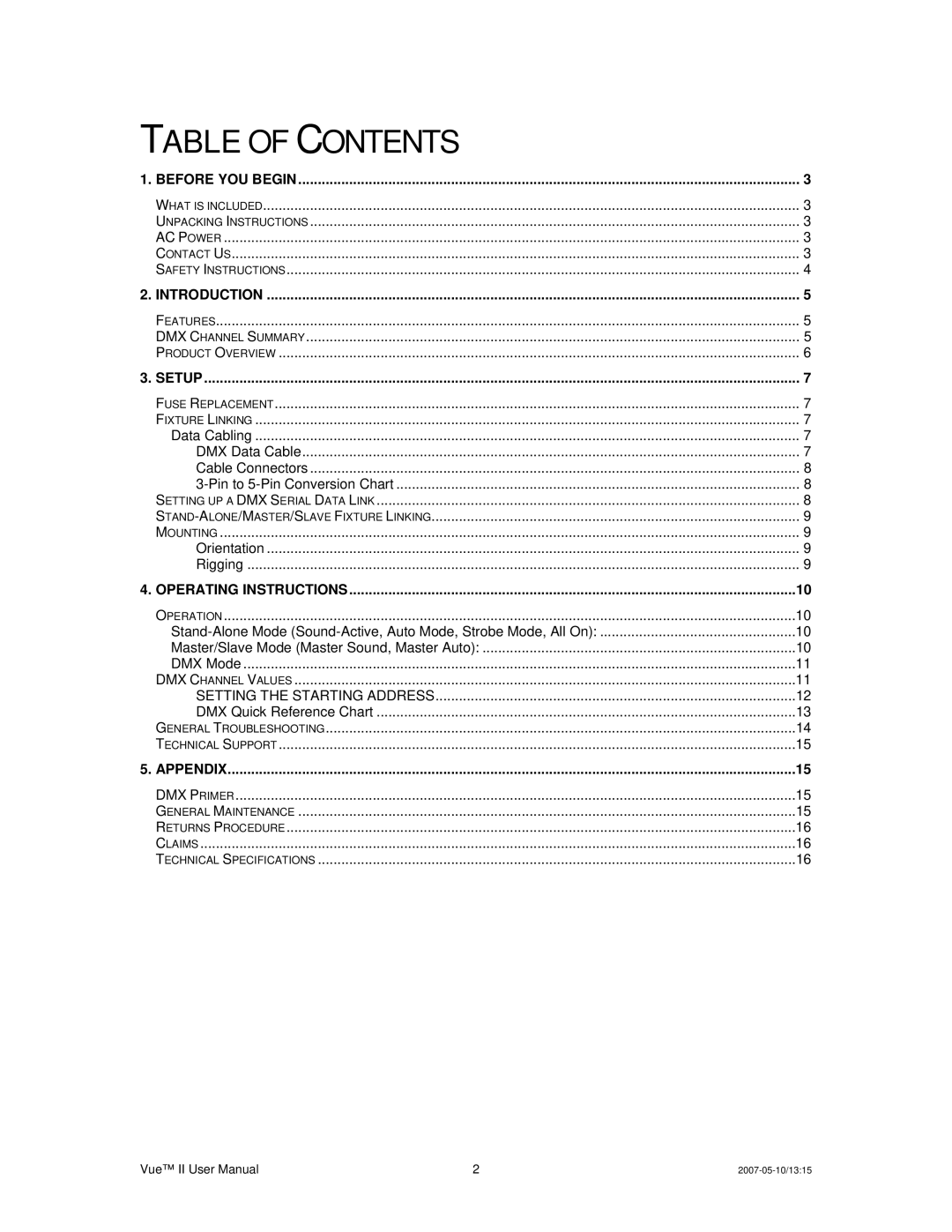 Chauvet Vue II user service Table of Contents 