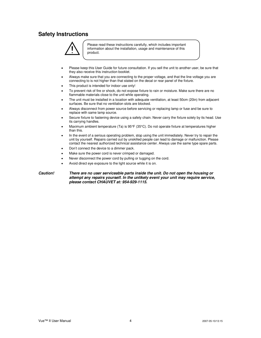 Chauvet Vue II user service Safety Instructions 