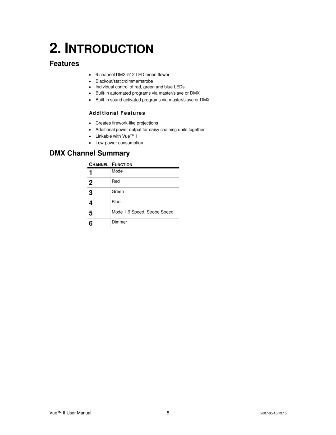 Chauvet Vue II user service Introduction, Features, DMX Channel Summary 