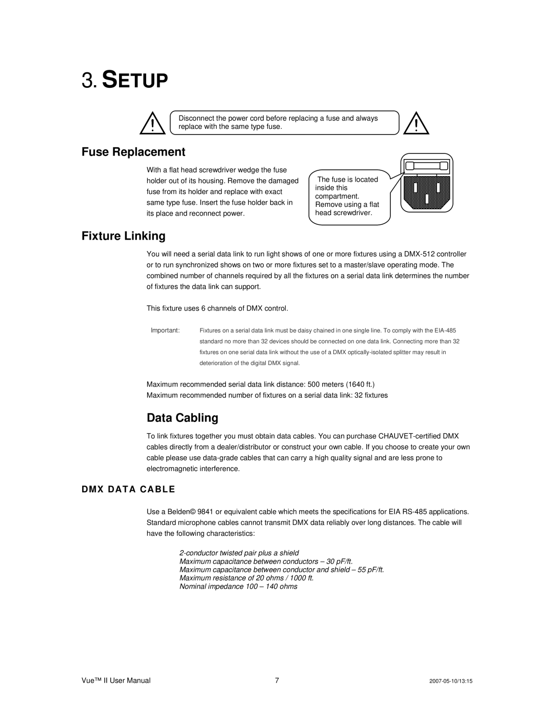 Chauvet Vue II user service Setup, Fuse Replacement, Fixture Linking, Data Cabling, DMX Data Cable 