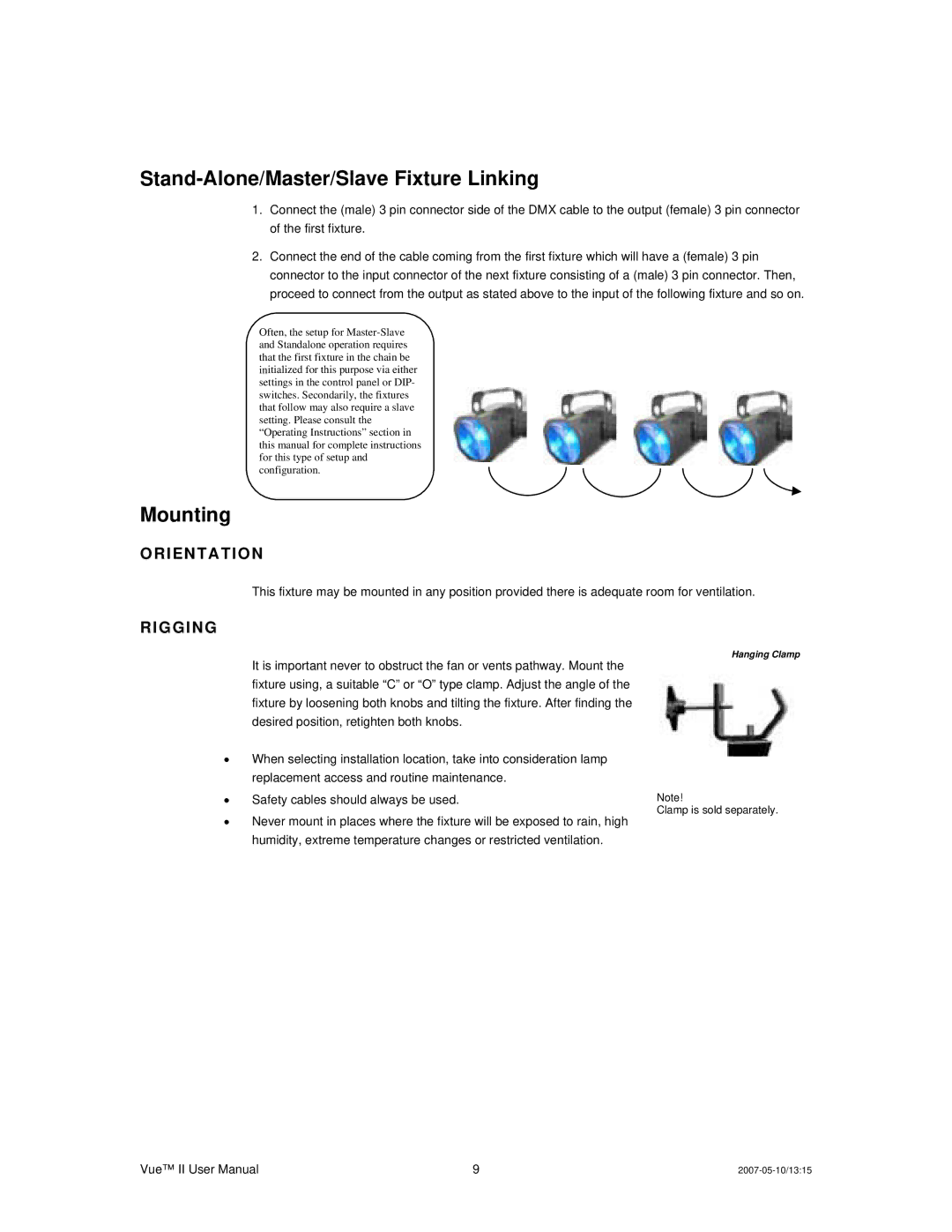 Chauvet Vue II user service Stand-Alone/Master/Slave Fixture Linking, Mounting, Orientation, Rigging 