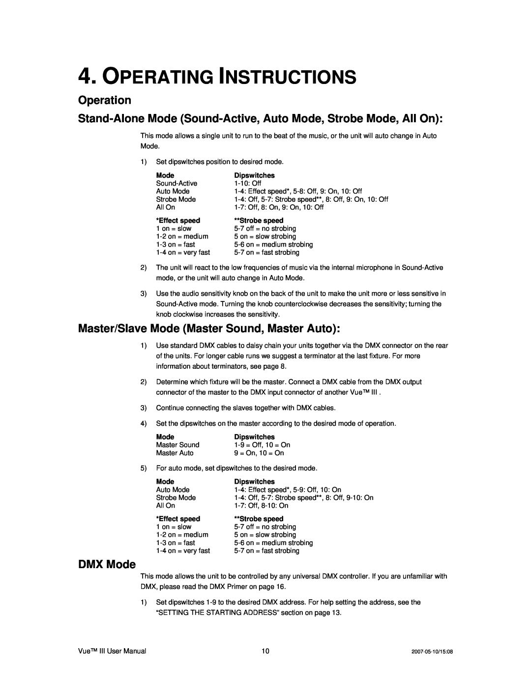 Chauvet Vue III Operating Instructions, Operation, Master/Slave Mode Master Sound, Master Auto, DMX Mode, Dipswitches 