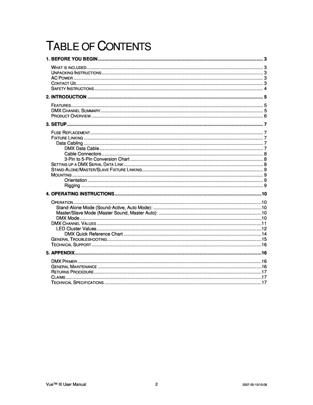 Chauvet Vue III user service Table Of Contents, Before You Begin, Introduction, Setup, Operating Instructions, Appendix 