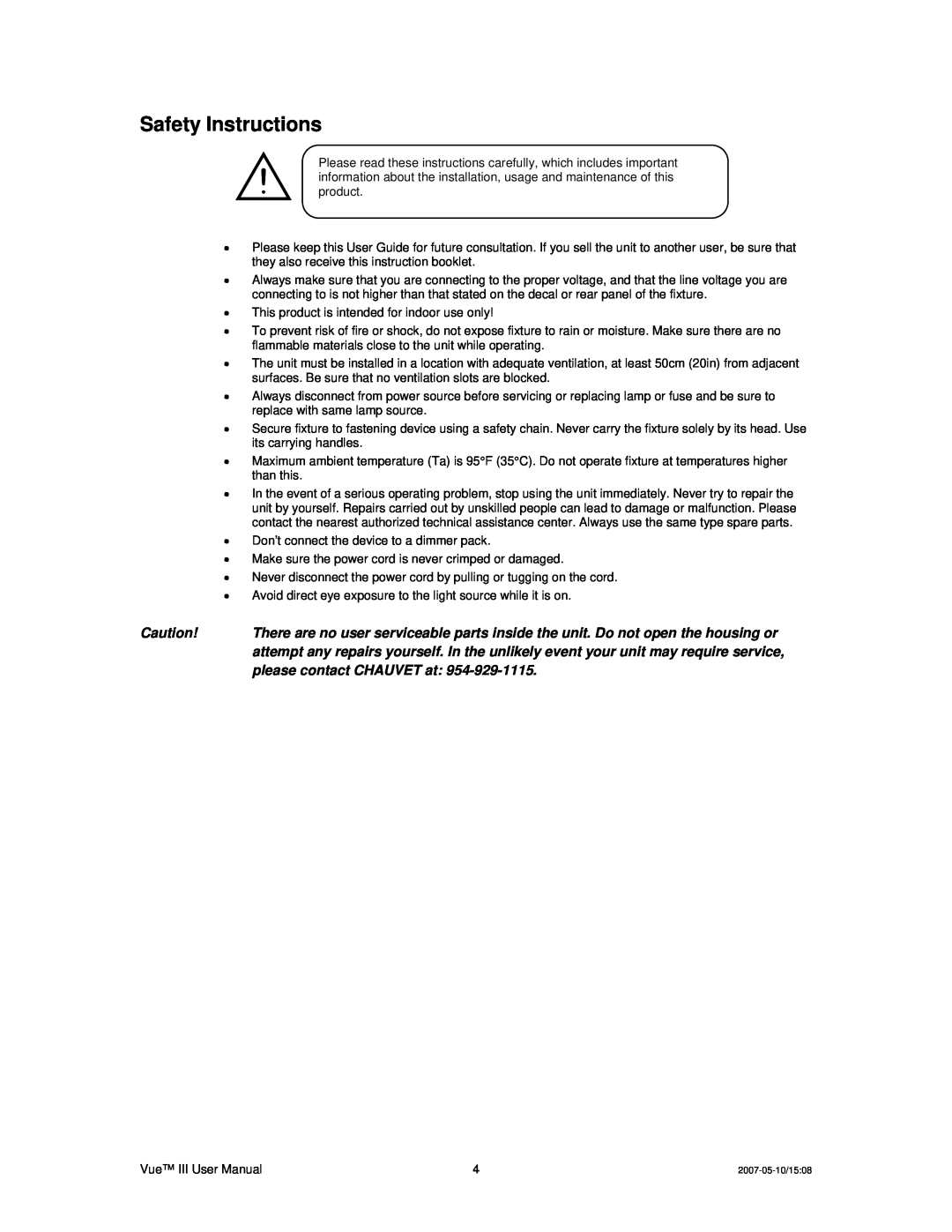 Chauvet Vue III user service Safety Instructions 