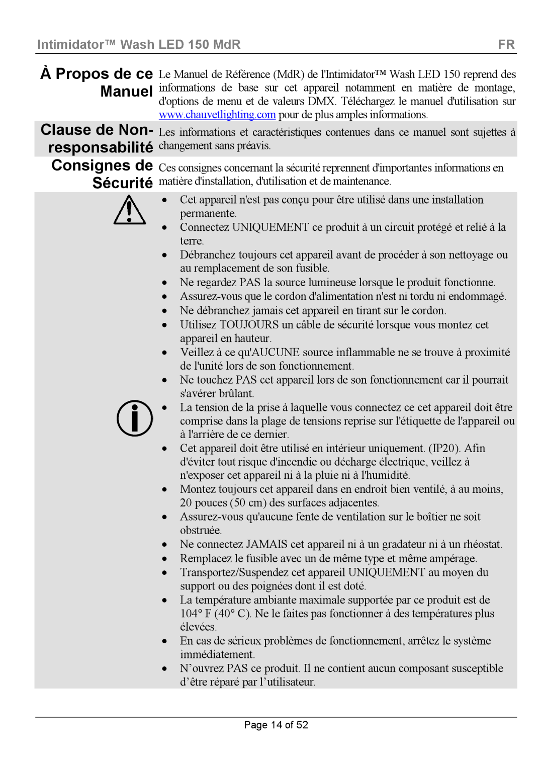 Chauvet Wash LED 150 manual ÀPropos de ce Manuel, Clause de Non- responsabilité Consignes de Sécurité 